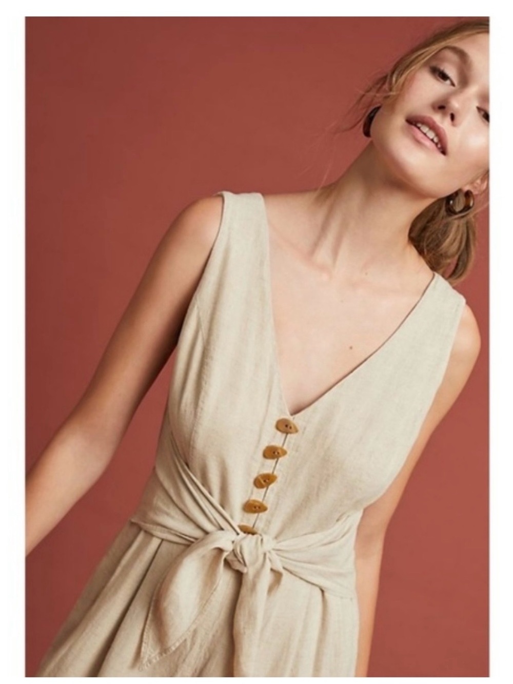 Sleeveless V-Neck Tie-Waist Linen Jumper